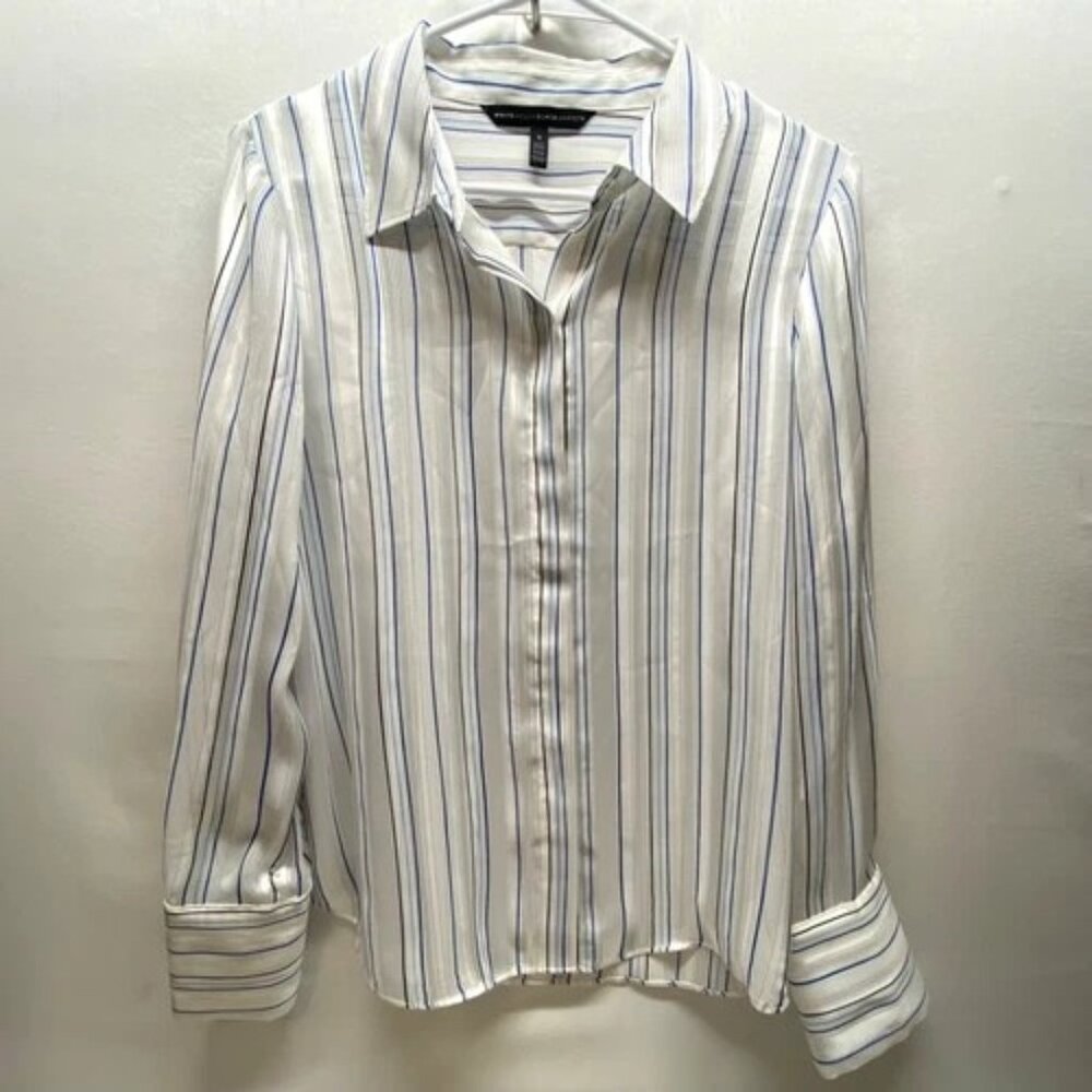 White House Black Market Blouse Women's Small Blue Metallic Stripe Semi Sheer